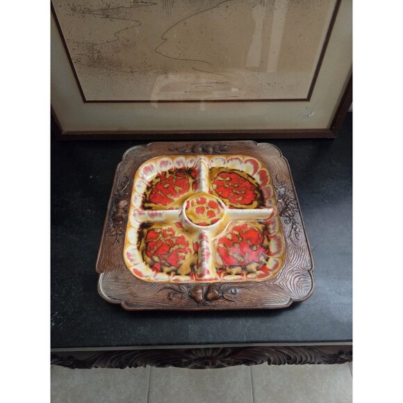 Treasure Craft Divided Snack Tray 13.5" Lava Glaze Brown Orange Mid Century - Picture 1 of 10